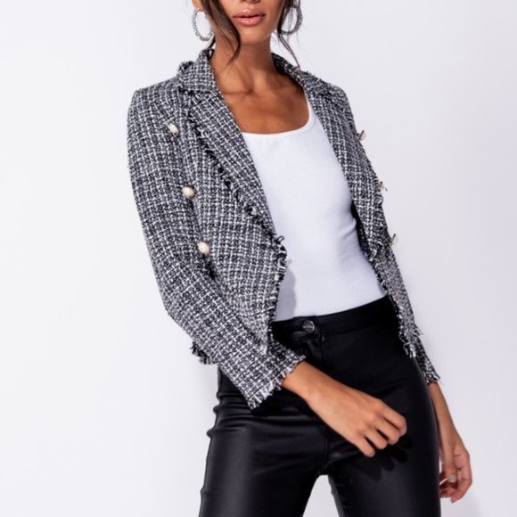 Trist Black & White Pearl Detail Tweed Blazer - Picture 5 of 11